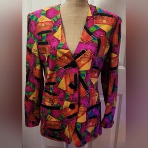 Y.L.E.V Funky Vintage 80s 100% Silk Blazer with Shoulder Pads Size 8
